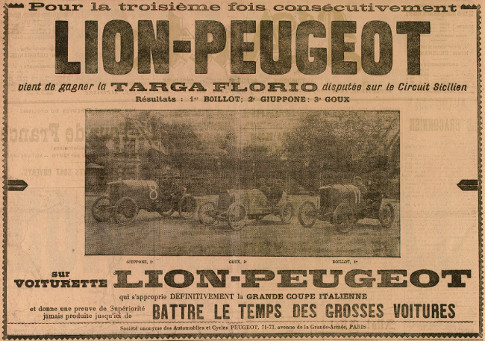 1910 Coppa Vetturette Sicilia - Pubblicità Lion-Peugeot